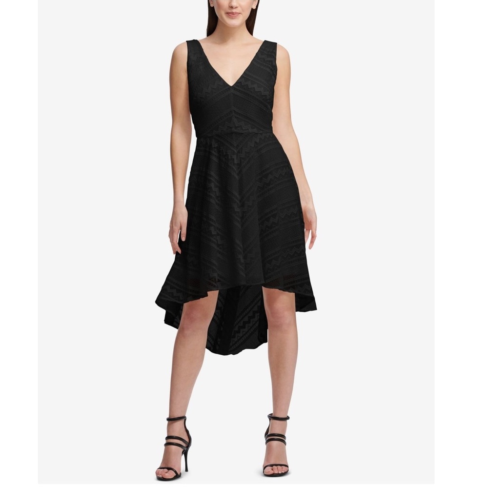 DKNY Aztec Textured Black V-Neck High Low Fit & Flare Dress